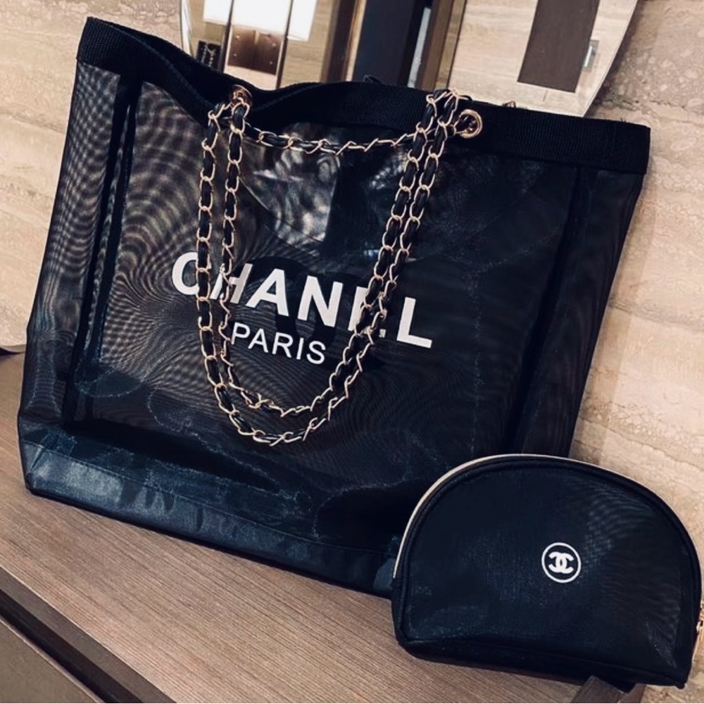 🔥AUTHENTIC🔥 Chanel Black Mesh Tote Bag with Black Ribbon and Silver Chain Straps